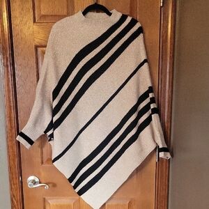 SHEIN Beige Poncho Sweater with Black Diagonal Stripes